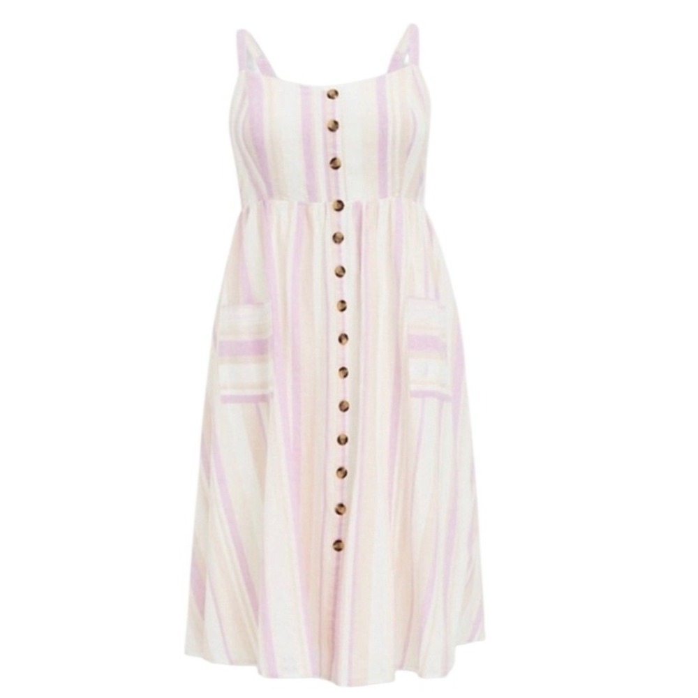 Torrid Linen/Cotton Midi Dress Womens 2X Purple Tan Striped Button Front Pocket - Picture 7 of 10